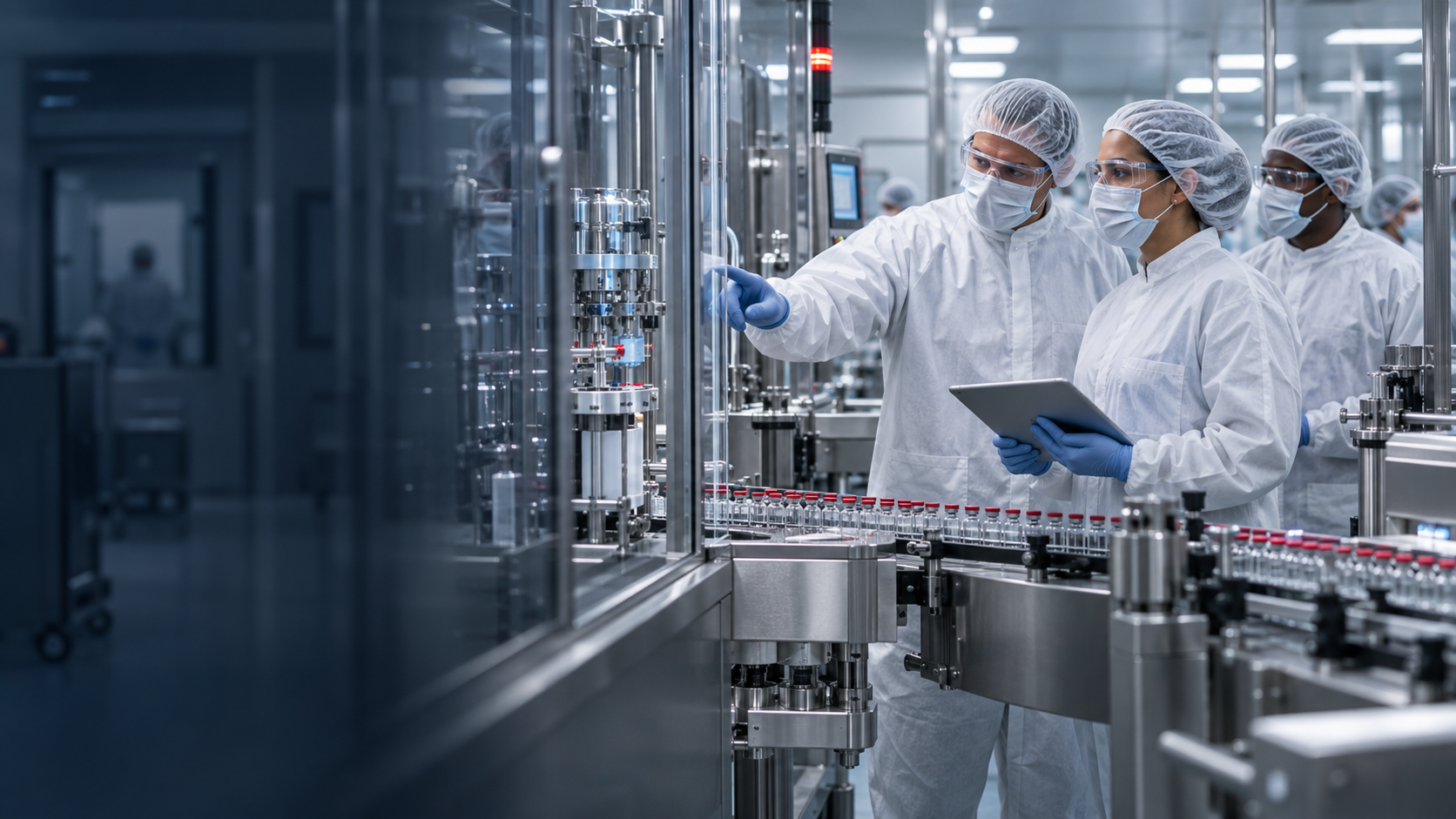 Pharmaceutical quality professionals reviewing an aseptic drug filling operation